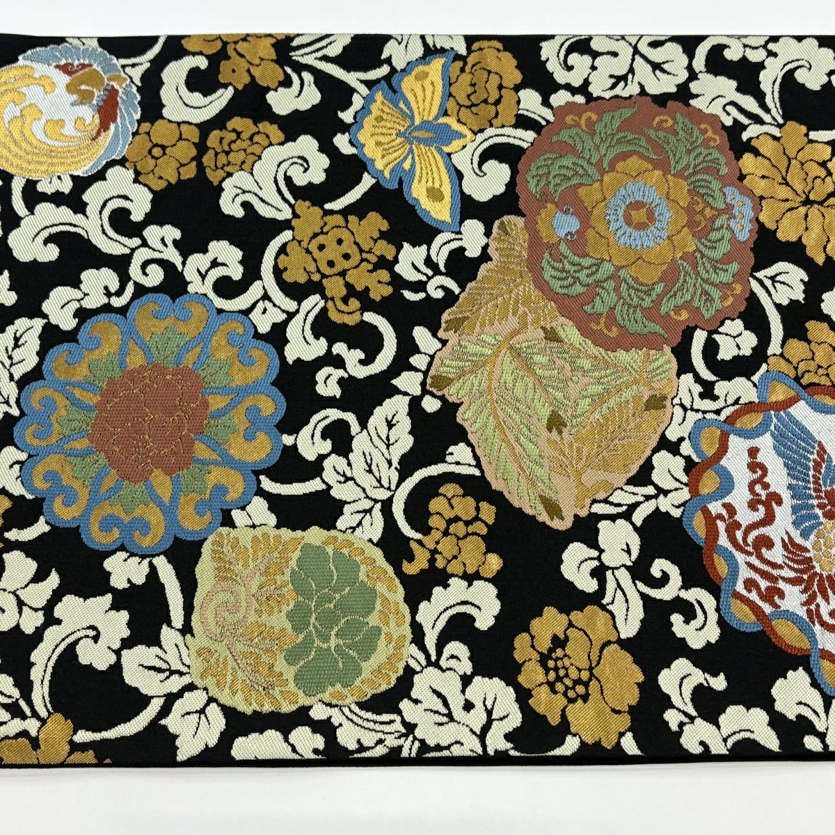 【美品】 袋帶 逸品級 川島織物 落款あり 証紙あり 華紋 花鳥 金金箔 刺繡 黑 六通 純蠶絲