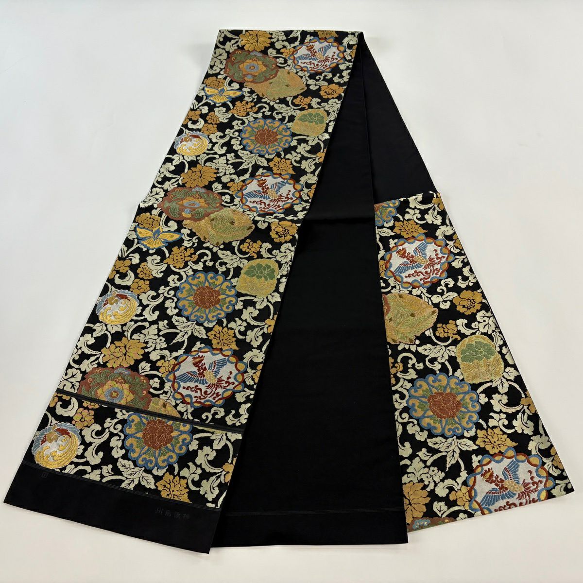 【美品】 袋帶 逸品級 川島織物 落款あり 証紙あり 華紋 花鳥 金金箔 刺繡 黑 六通 純蠶絲