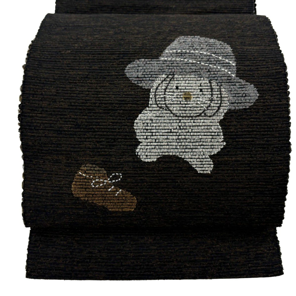 【美品】 名古屋帶 逸品級 八寸名古屋帶 動物 風球 刺繡 黑灰 純蠶絲