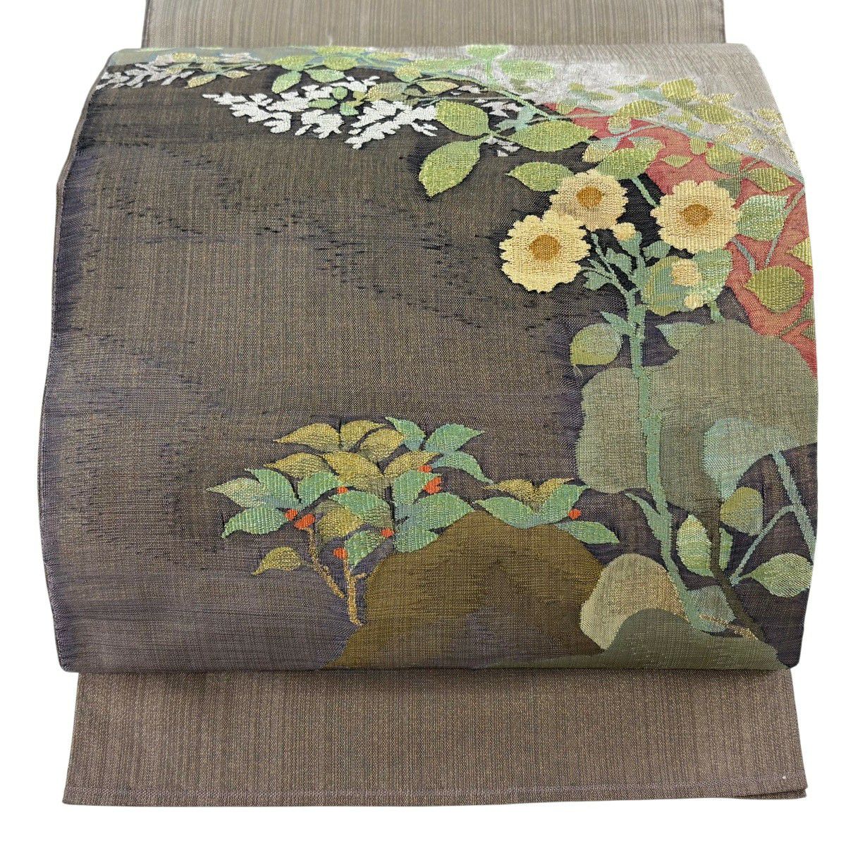 【美品】 袋帶 逸品級 草花紋 金糸 灰紫 お太鼓柄 純蠶絲