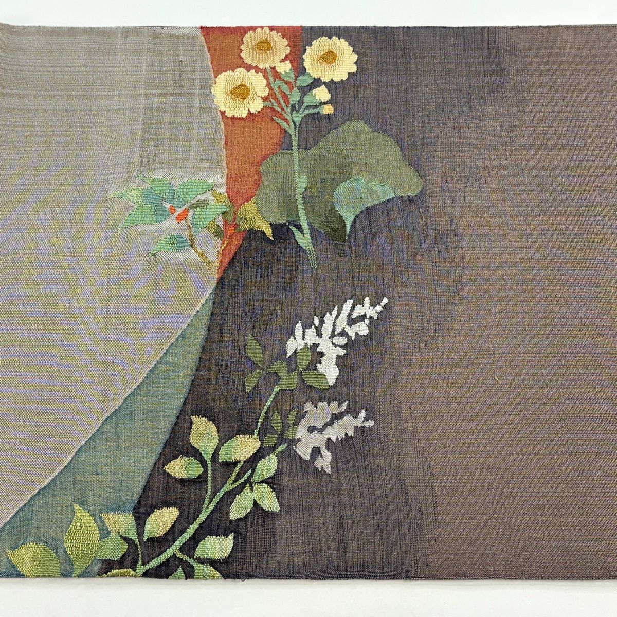 【美品】 袋帶 逸品級 草花紋 金糸 灰紫 お太鼓柄 純蠶絲
