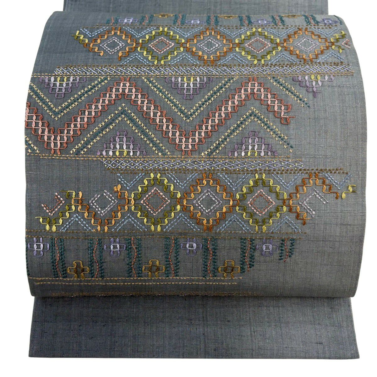 【美品】 袋帶 逸品級 紬織織 大和 菱形 幾何刺繡 刺子刺繡 灰綠 お太鼓圖案 純蠶絲