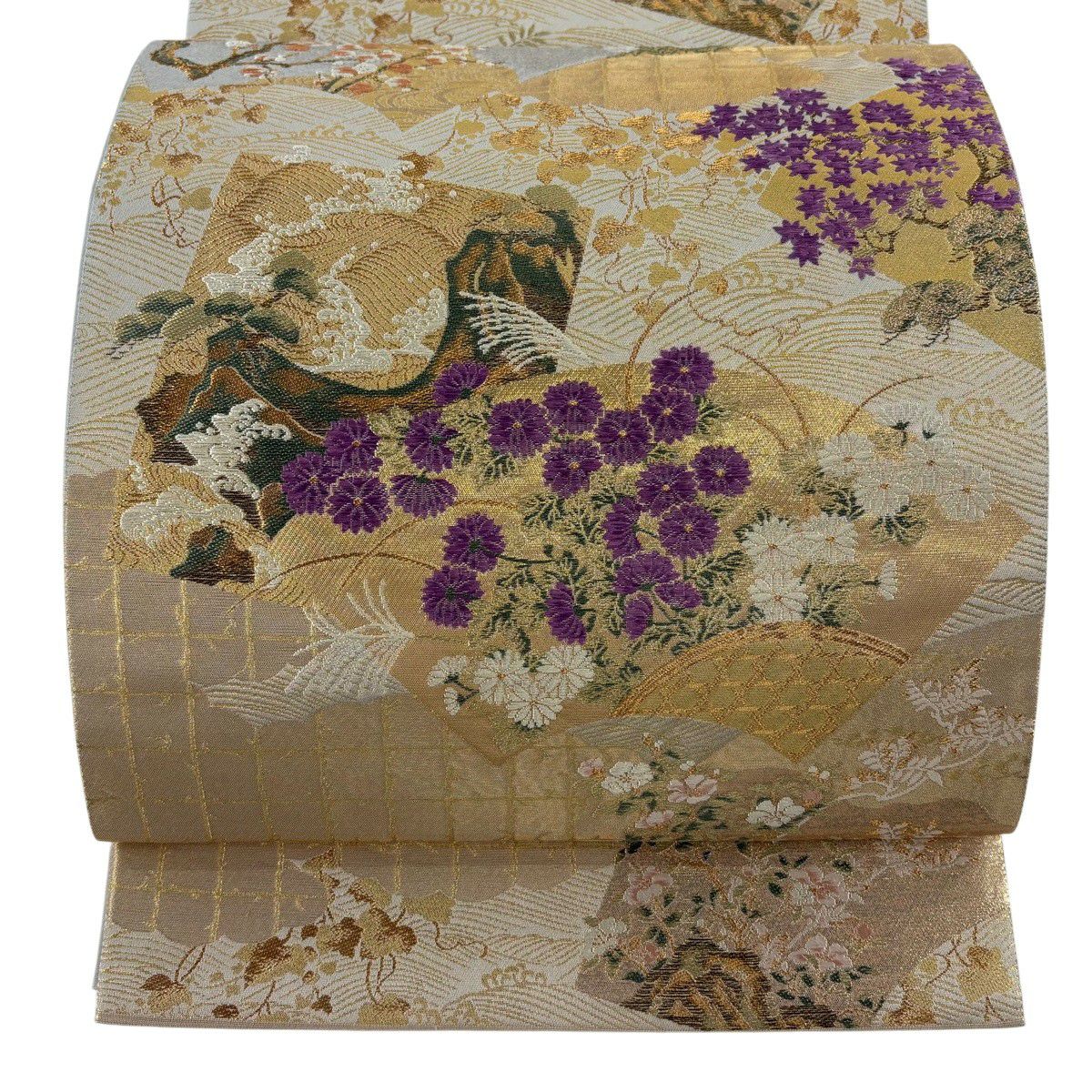 【美品】 袋帶 逸品級 じゅらく 落款あり じゅらく帝王紫 扇子面 菊花 金銀彩 金箔 灰白 お太鼓柄 純蠶絲