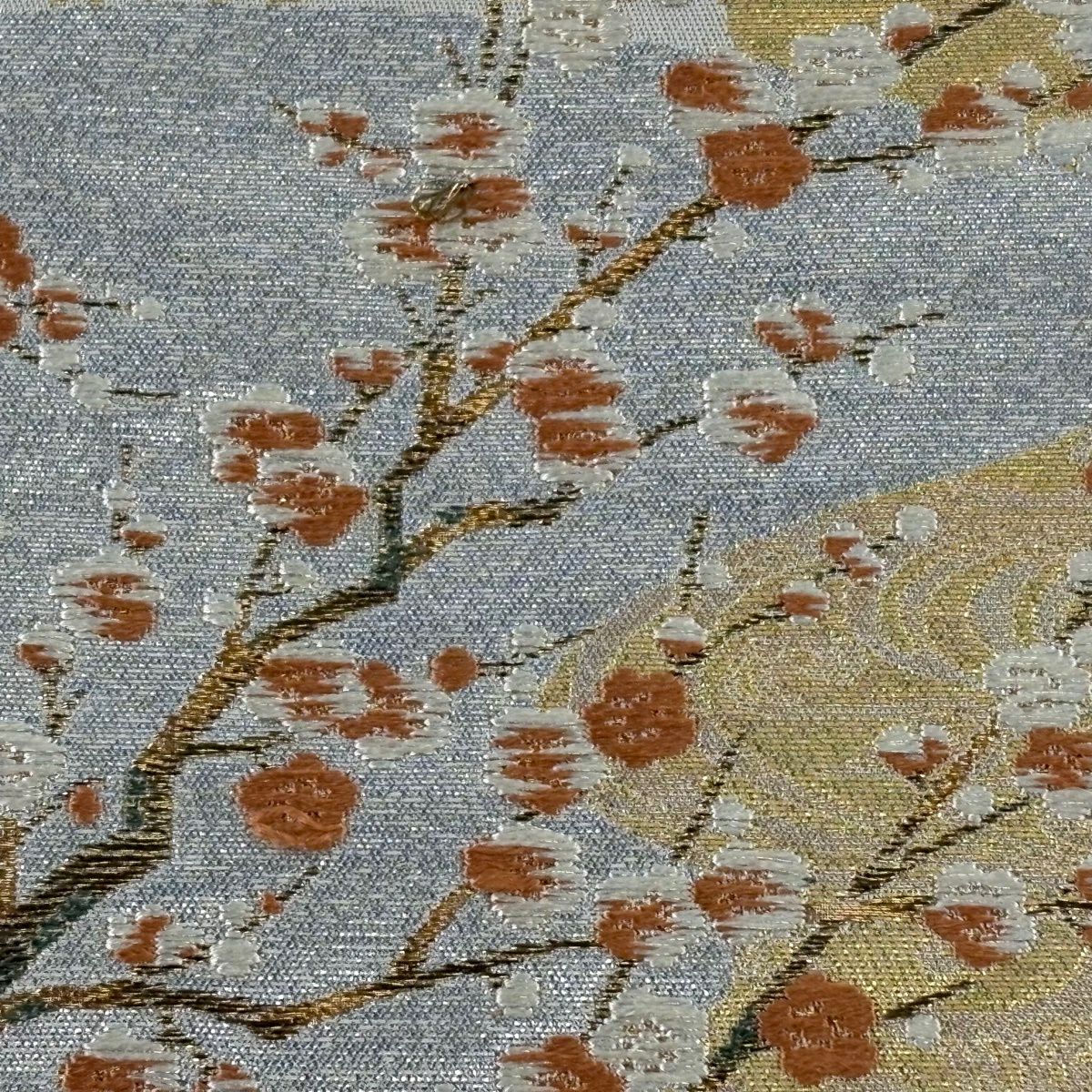 【美品】 袋帶 逸品級 じゅらく 落款あり じゅらく帝王紫 扇子面 菊花 金銀彩 金箔 灰白 お太鼓柄 純蠶絲