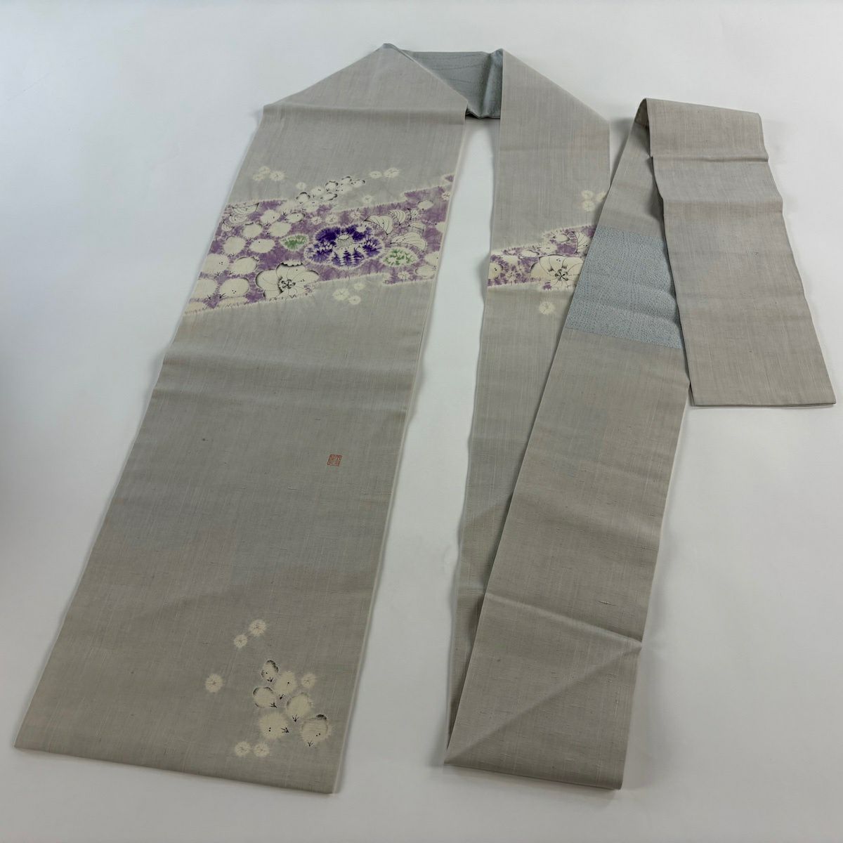 【美品】 名古屋帶 逸品級 落款あり 紬織織 小倉健亮 辻花染 灰色 純蠶絲