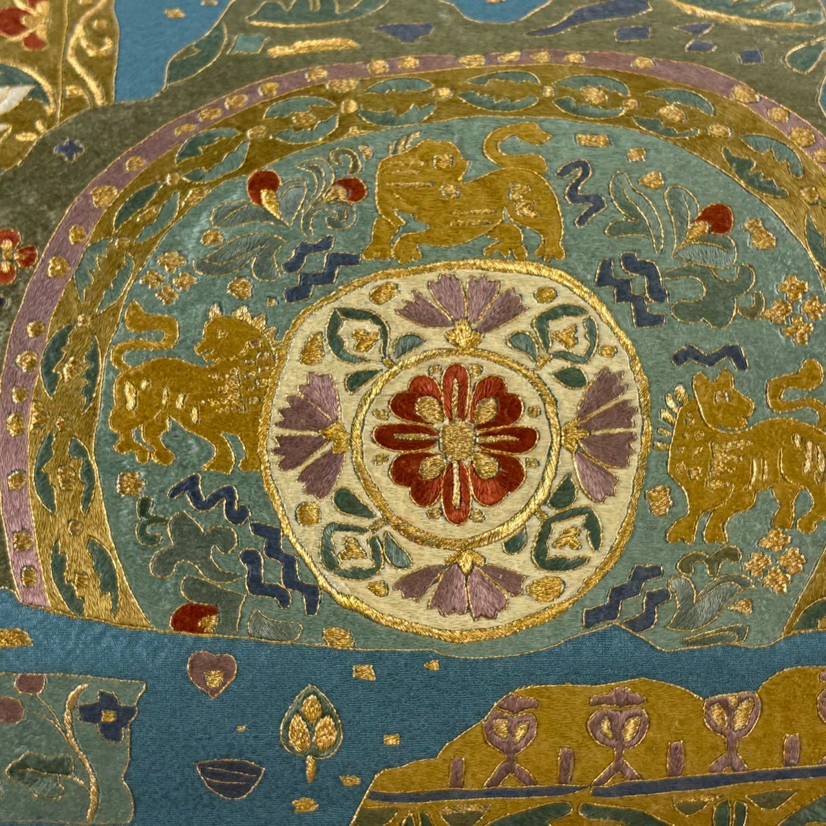 袋帶 逸品級 鳥 動物 刺繡 金絲 青綠 お太鼓圖案 純蠶絲