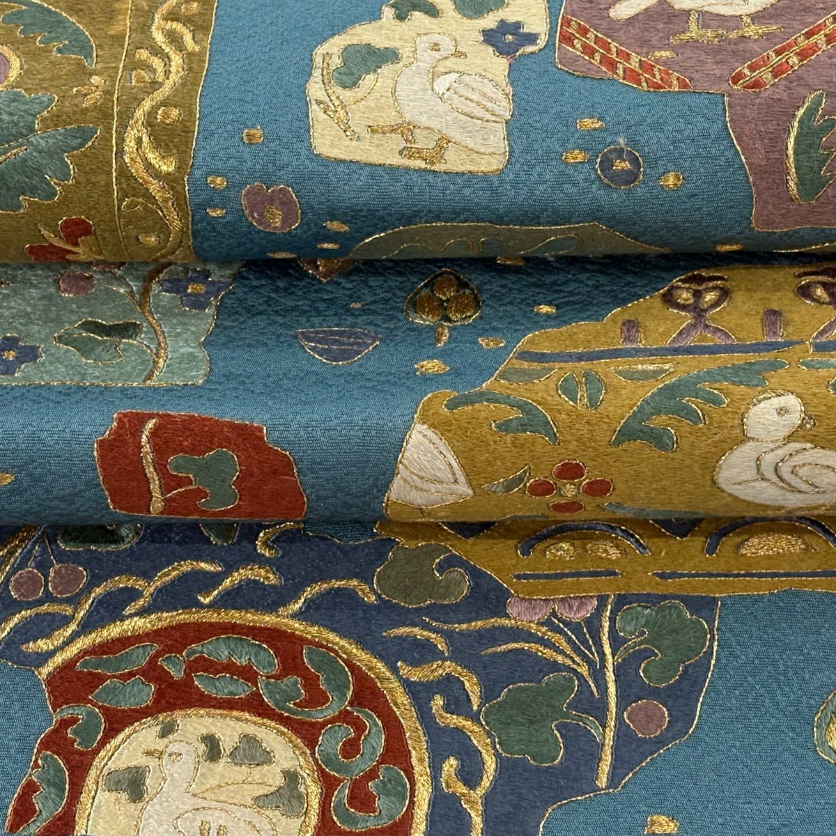 袋帶 逸品級 鳥 動物 刺繡 金絲 青綠 お太鼓圖案 純蠶絲