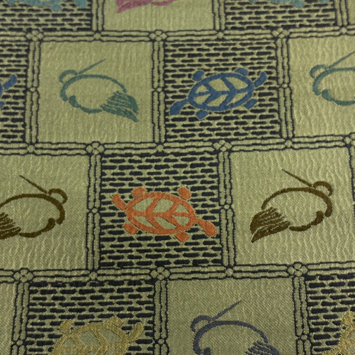 【美品】 袋帶 逸品級 仙鶴 龜 灰綠 六通 純蠶絲