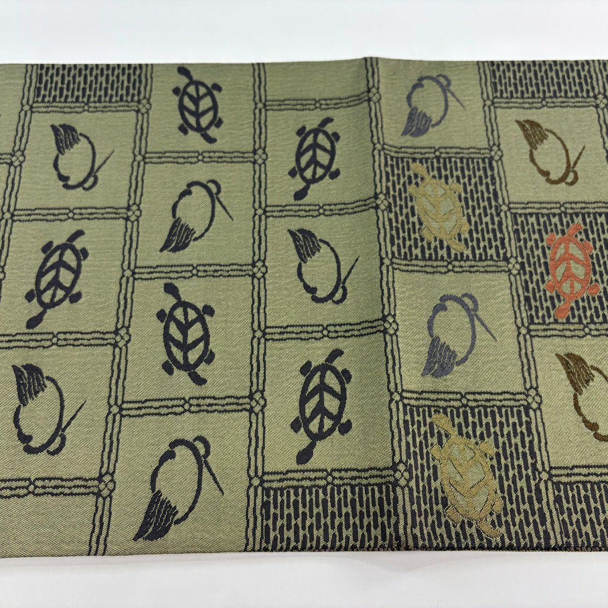 【美品】 袋帶 逸品級 仙鶴 龜 灰綠 六通 純蠶絲