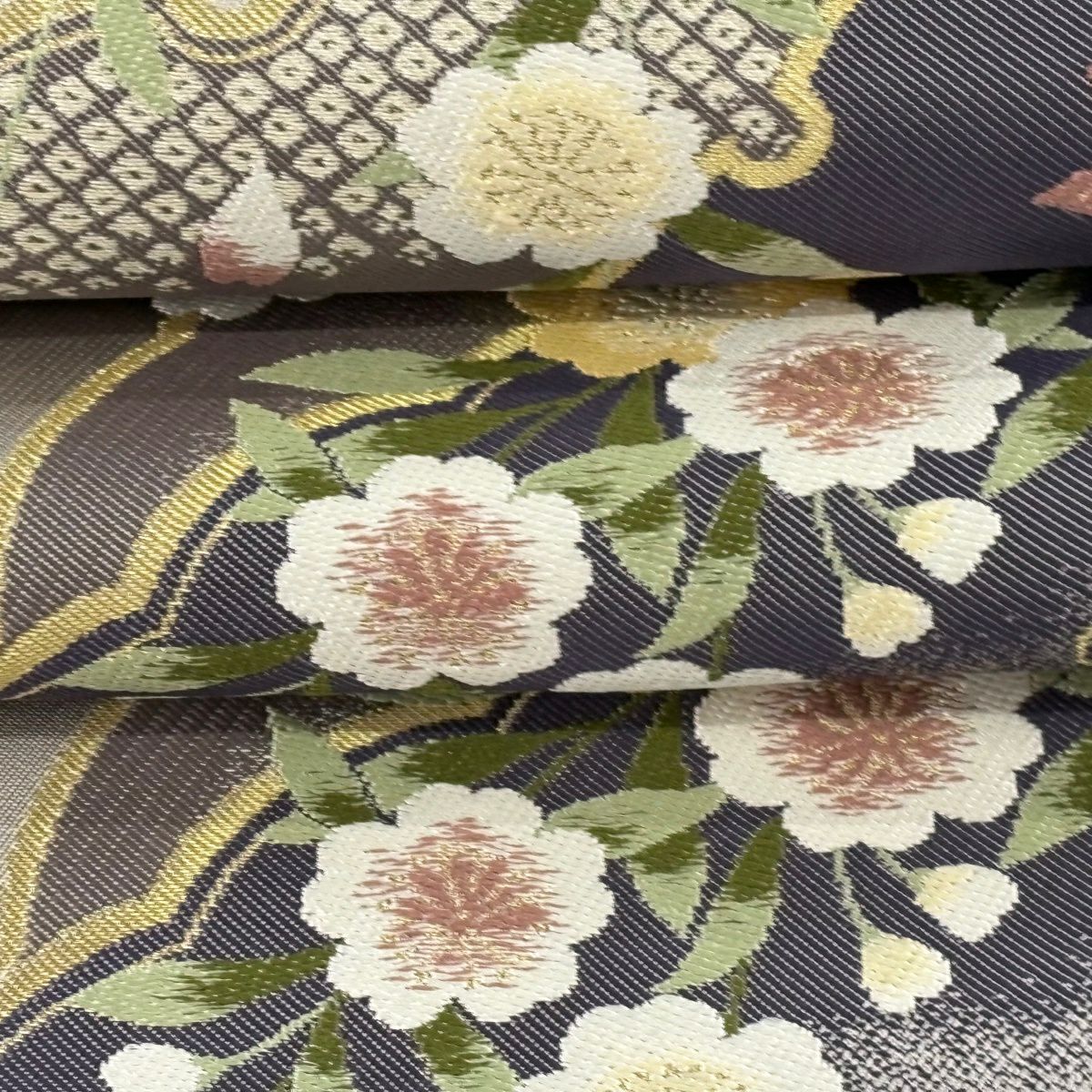 【美品】 袋帶 逸品級 坂東三津五郎 落款 花布季 大和 櫻楓 流水 金絲 灰色 六通 純蠶絲