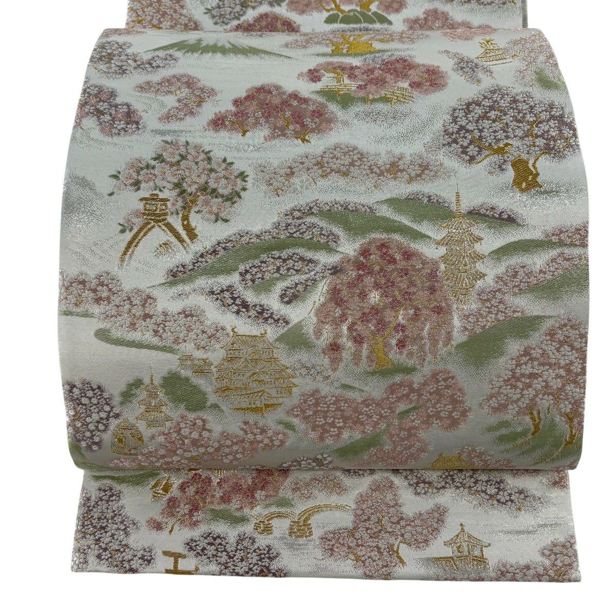 【美品】 袋帶 逸品級 富士山 櫻花 金銀彩 金金箔 灰白 六通 純蠶絲