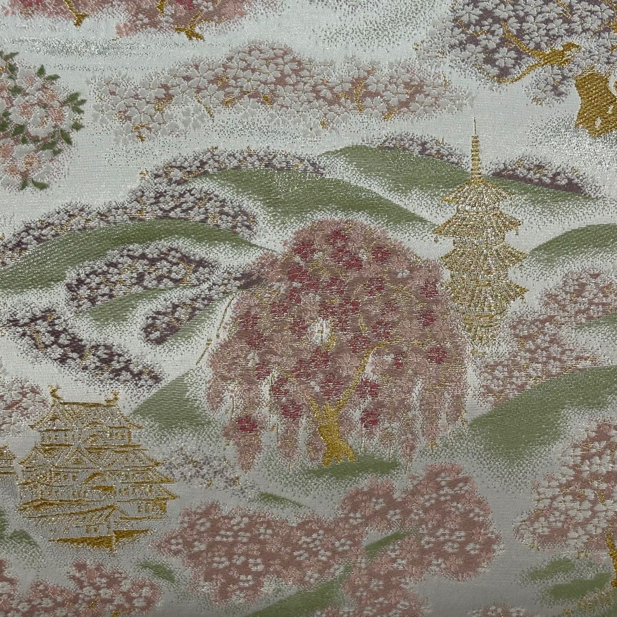 【美品】 袋帶 逸品級 富士山 櫻花 金銀彩 金金箔 灰白 六通 純蠶絲