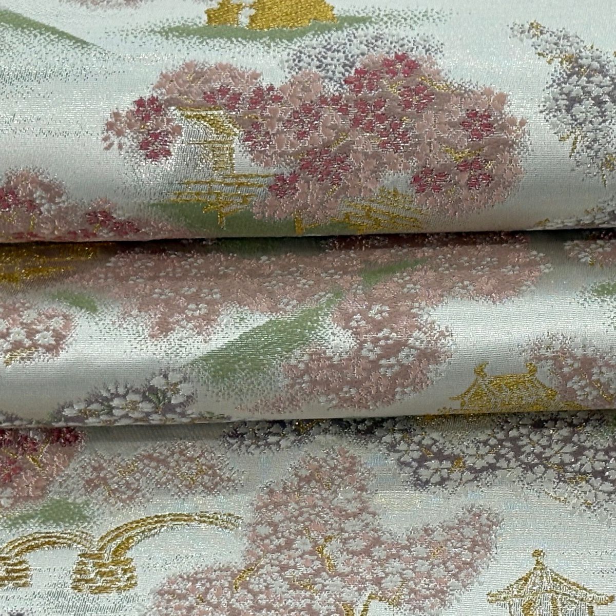 【美品】 袋帶 逸品級 富士山 櫻花 金銀彩 金金箔 灰白 六通 純蠶絲