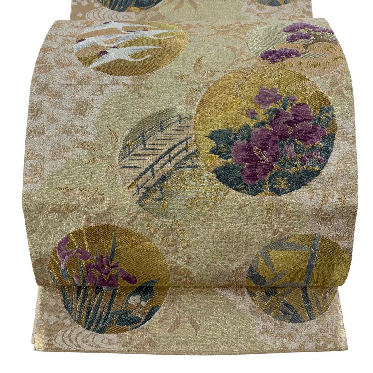 袋帶 逸品級 じゅらく 落款 じゅらく帝王紫 圓文 仙鶴 金絲 刺繡 米色 六通 純蠶絲