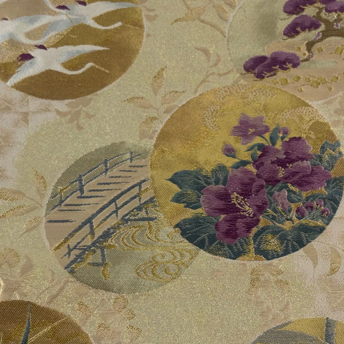 袋帶 逸品級 じゅらく 落款 じゅらく帝王紫 圓文 仙鶴 金絲 刺繡 米色 六通 純蠶絲