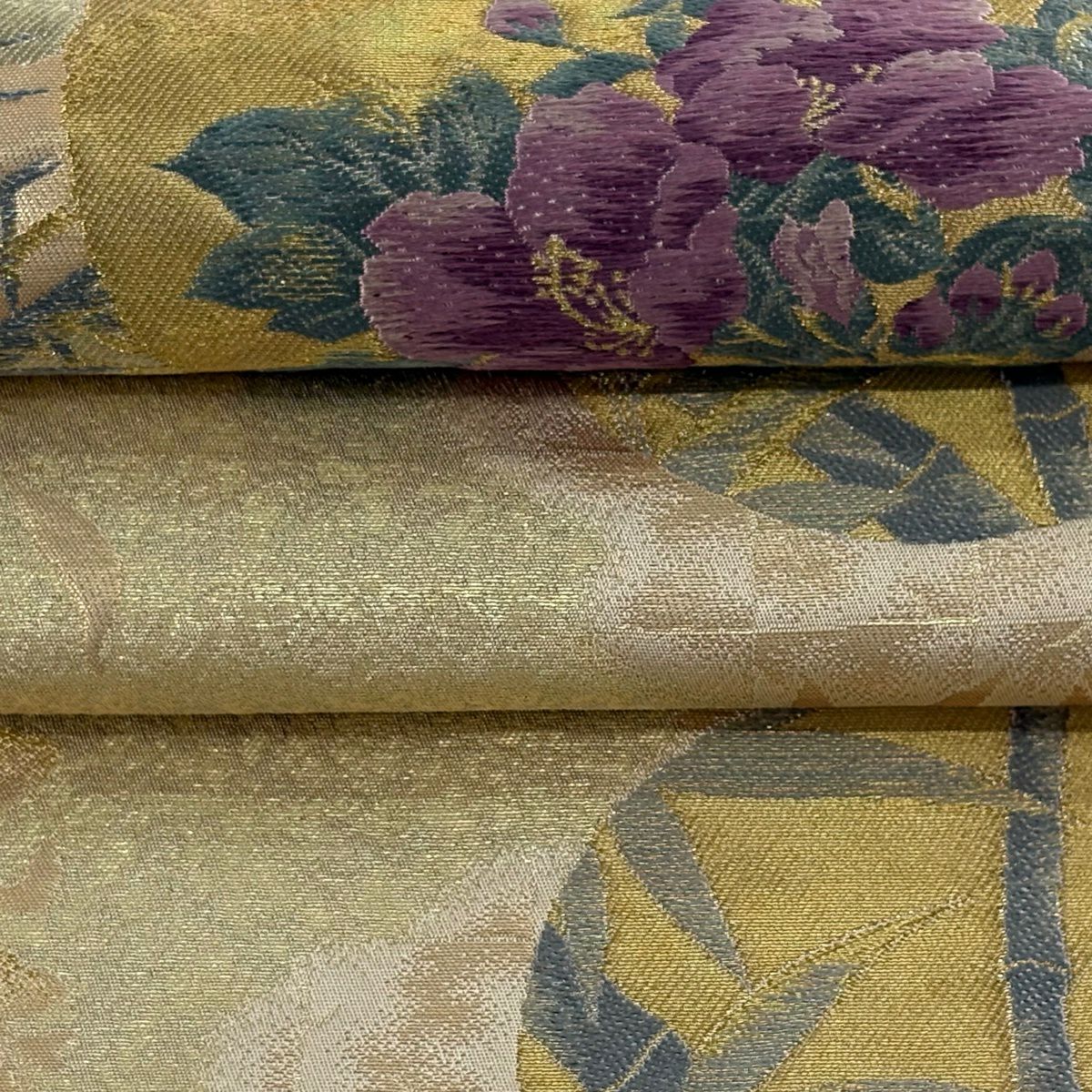 袋帶 逸品級 じゅらく 落款 じゅらく帝王紫 圓文 仙鶴 金絲 刺繡 米色 六通 純蠶絲