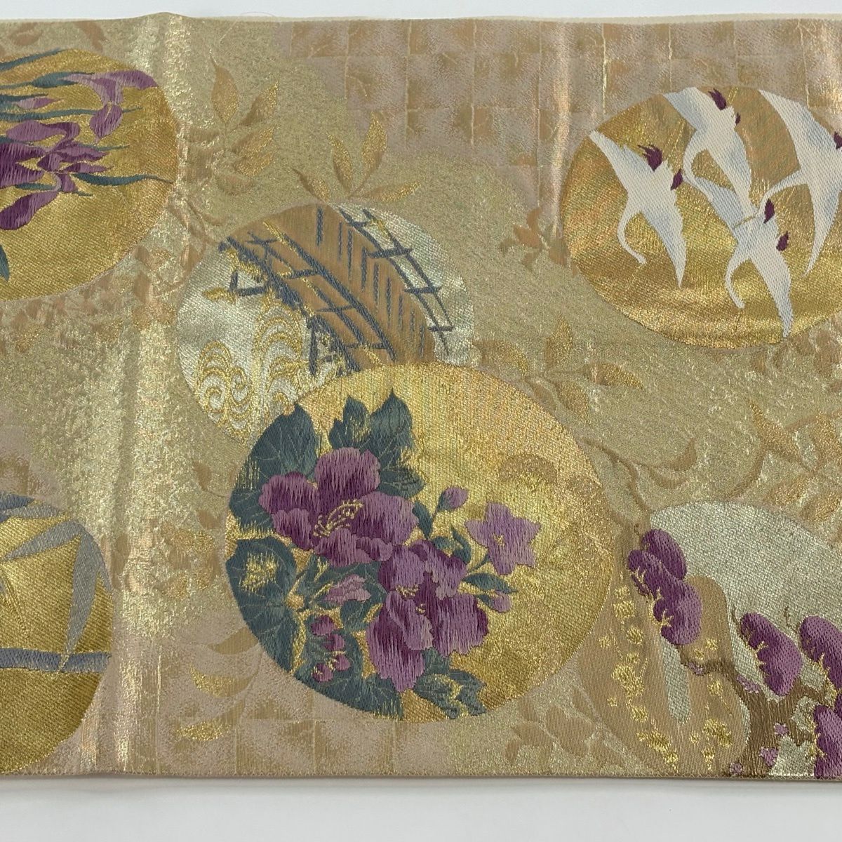 袋帶 逸品級 じゅらく 落款 じゅらく帝王紫 圓文 仙鶴 金絲 刺繡 米色 六通 純蠶絲