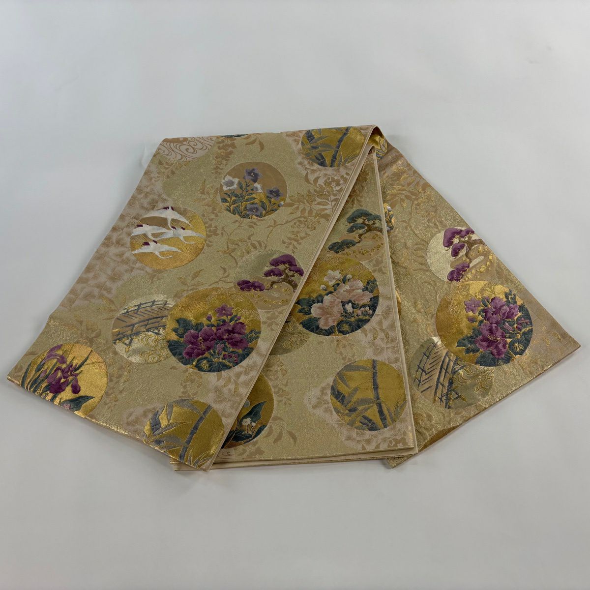 袋帶 逸品級 じゅらく 落款 じゅらく帝王紫 圓文 仙鶴 金絲 刺繡 米色 六通 純蠶絲