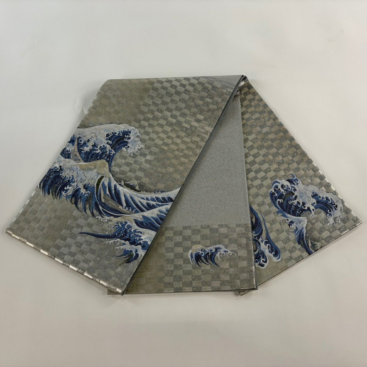 袋帶 逸品級 鈴乃屋 波頭 變化市松樹 金銀彩 青灰 純蠶絲