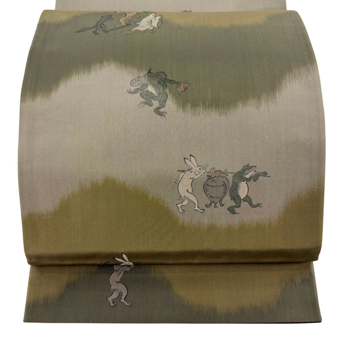 【美品】 袋帶 逸品級 鳥獸戲畫 茶綠 お太鼓圖案 純蠶絲
