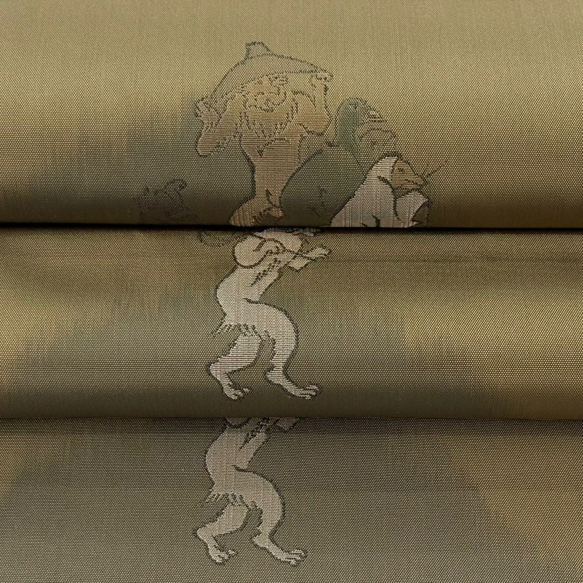 【美品】 袋帶 逸品級 鳥獸戲畫 茶綠 お太鼓圖案 純蠶絲