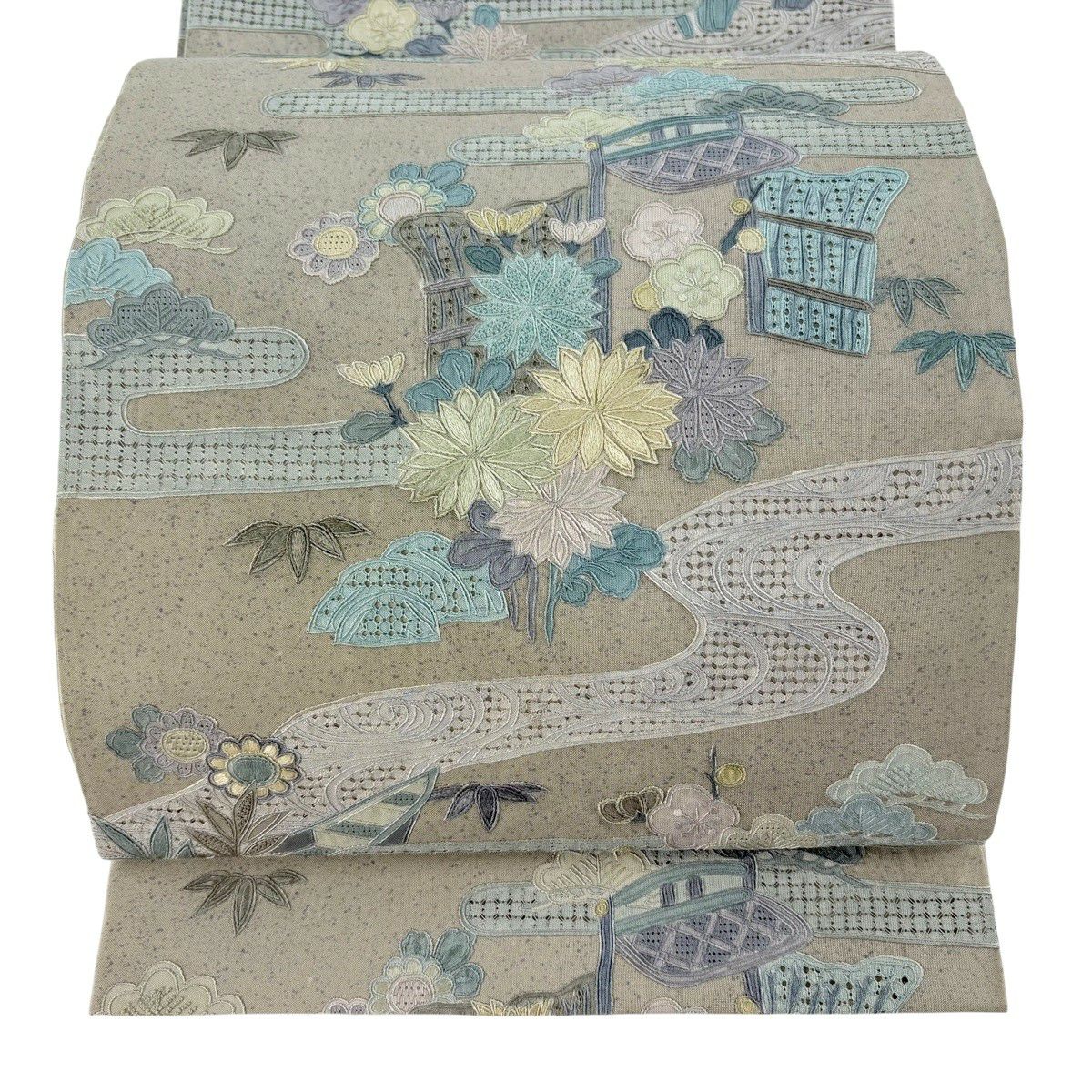 袋帶 逸品級 菊花 松樹竹子梅花 刺繡 灰綠 全通 純蠶絲