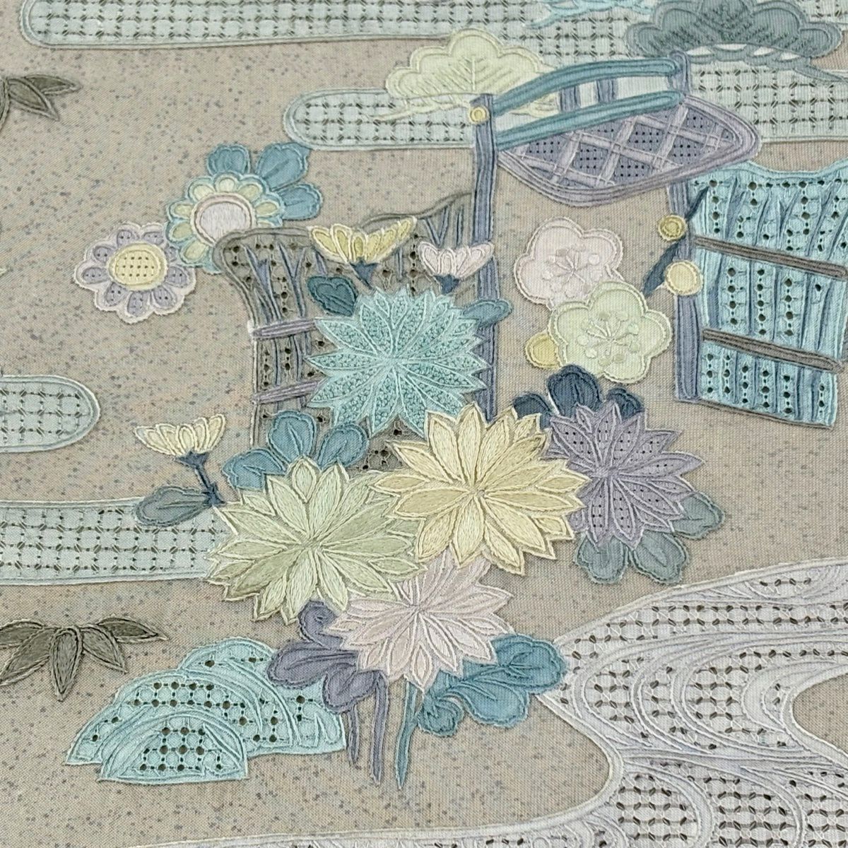 袋帶 逸品級 菊花 松樹竹子梅花 刺繡 灰綠 全通 純蠶絲