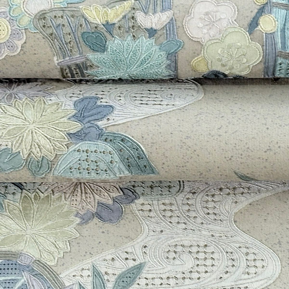 袋帶 逸品級 菊花 松樹竹子梅花 刺繡 灰綠 全通 純蠶絲