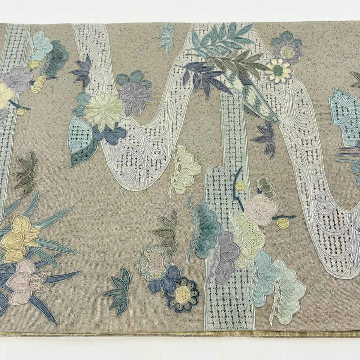 袋帶 逸品級 菊花 松樹竹子梅花 刺繡 灰綠 全通 純蠶絲