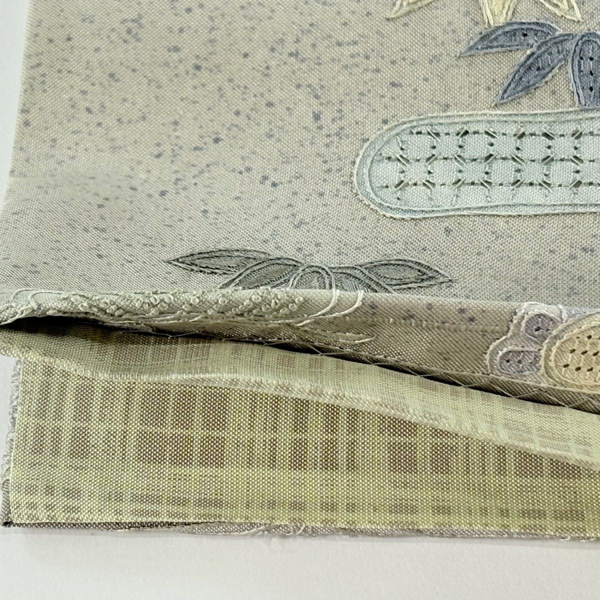 袋帶 逸品級 菊花 松樹竹子梅花 刺繡 灰綠 全通 純蠶絲