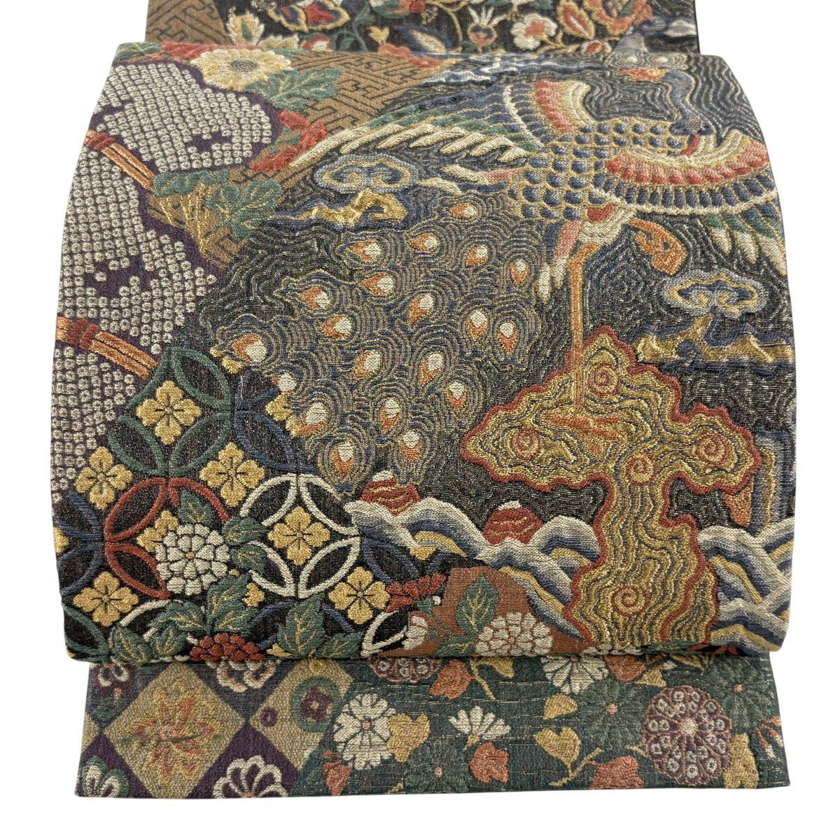 【美品】 袋帶 逸品級 じゅらく 落款あり 時代裂聚芳 鳥 菊花 金銀彩 金箔 墨 深藍色 お太鼓柄 純蠶絲