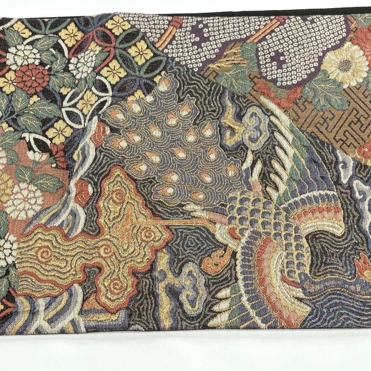 【美品】 袋帶 逸品級 じゅらく 落款あり 時代裂聚芳 鳥 菊花 金銀彩 金箔 墨 深藍色 お太鼓柄 純蠶絲