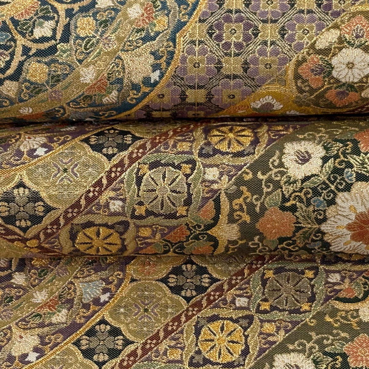 【美品】 袋帶 逸品級 壹千八百精細織 華紋 金絲 金金箔 黃土 深色 純蠶絲