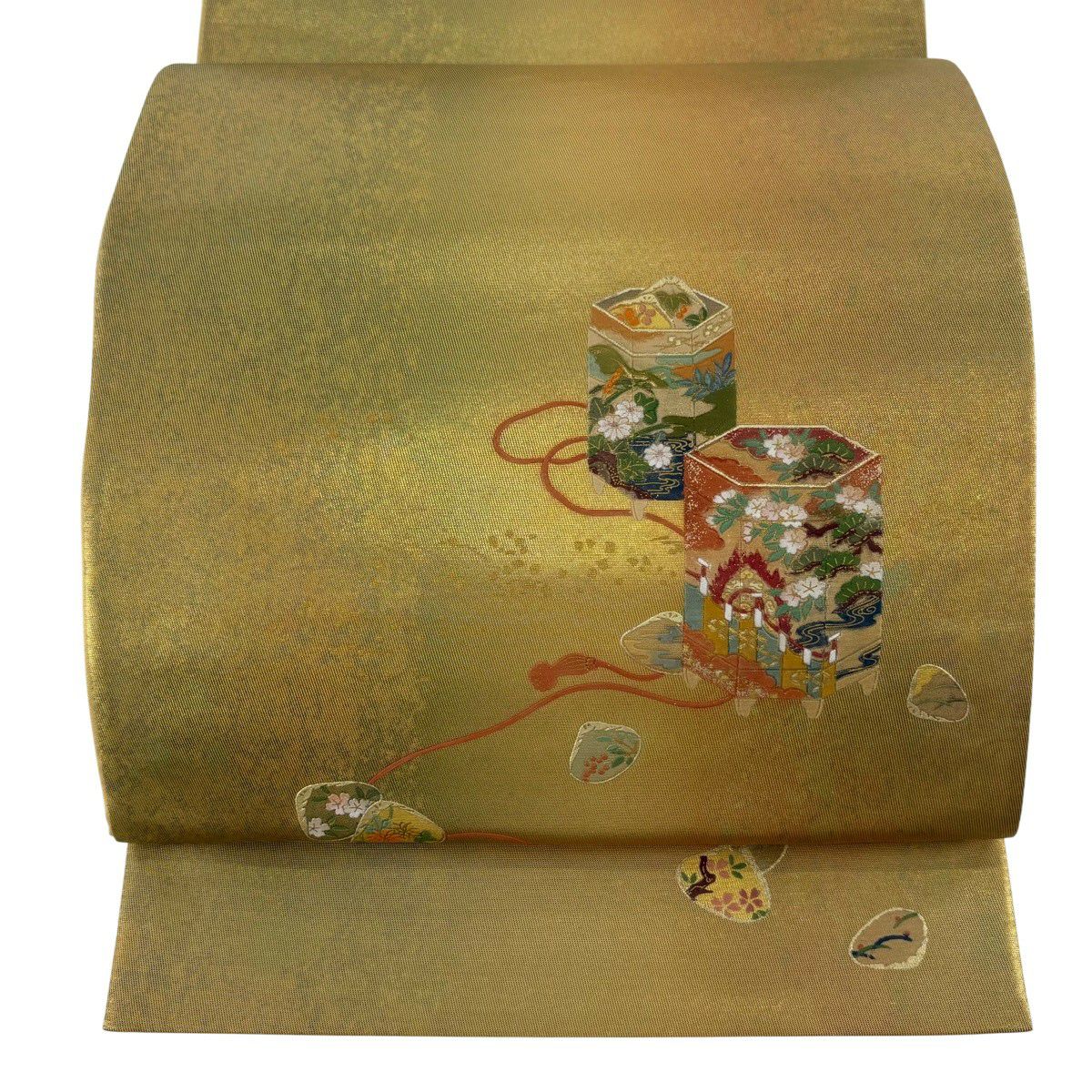 【美品】 袋帶 逸品級 貝桶 貝合 金銀彩 金色 大鼓圖案 純蠶絲