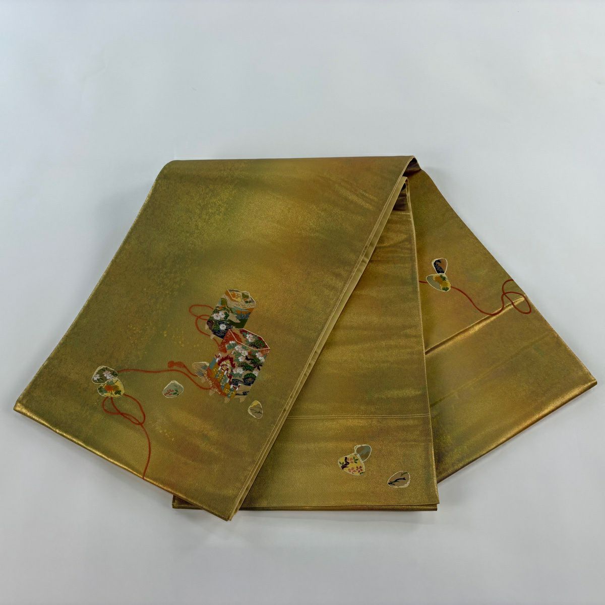 【美品】 袋帶 逸品級 貝桶 貝合 金銀彩 金色 大鼓圖案 純蠶絲