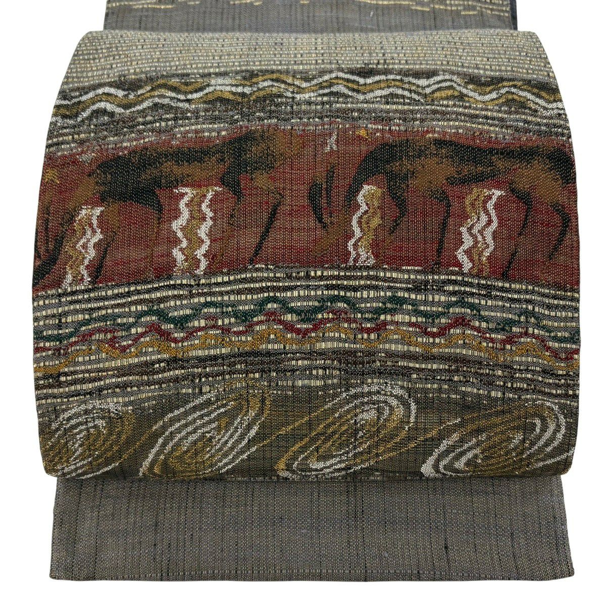 【美品】 袋帶 逸品級 渡文 落款あり 動物 さざ波 金糸 灰色 お太鼓柄 純蠶絲