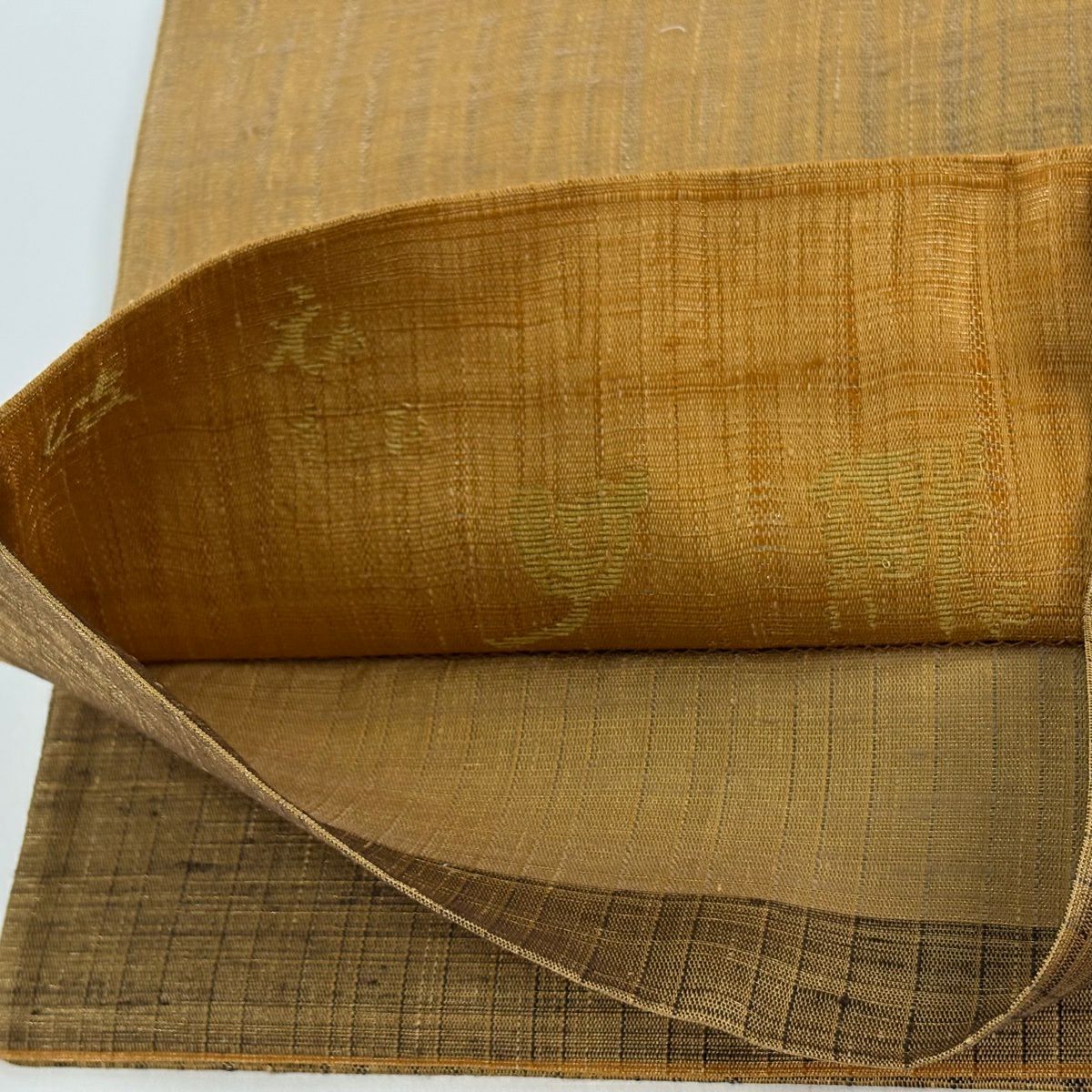 【美品】 袋帶 逸品級 渡文 附有落款 附有證書 斜條紋 金絲 山吹茶 紋樣 純蠶絲