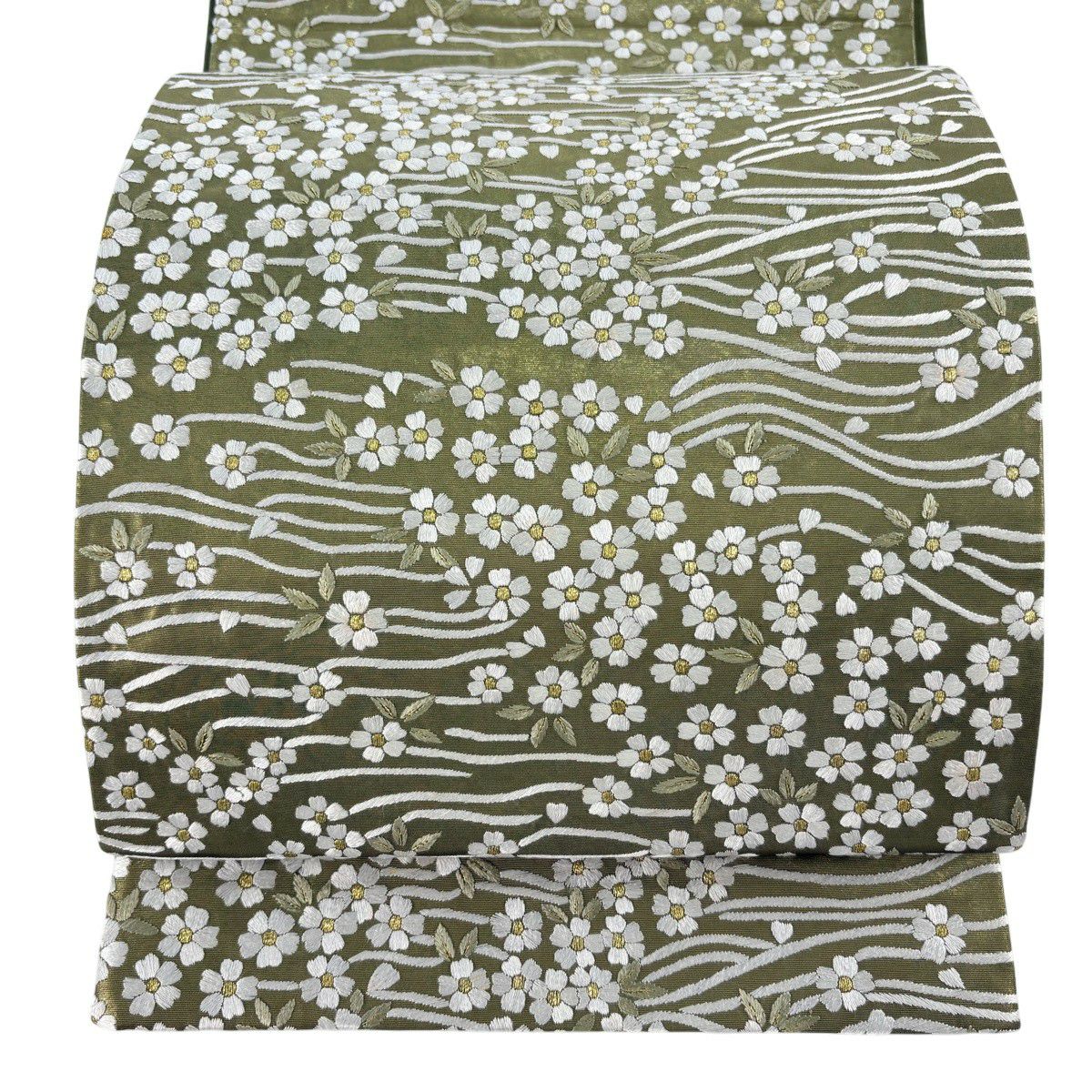 袋帶 逸品級 櫻花 流水 金絲 刺繡 鶯色 六通 純蠶絲