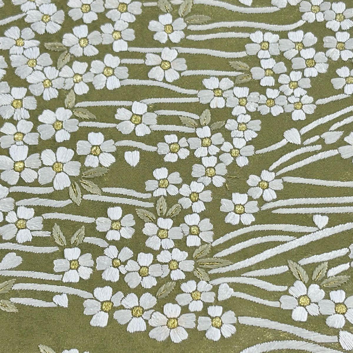 袋帶 逸品級 櫻花 流水 金絲 刺繡 鶯色 六通 純蠶絲