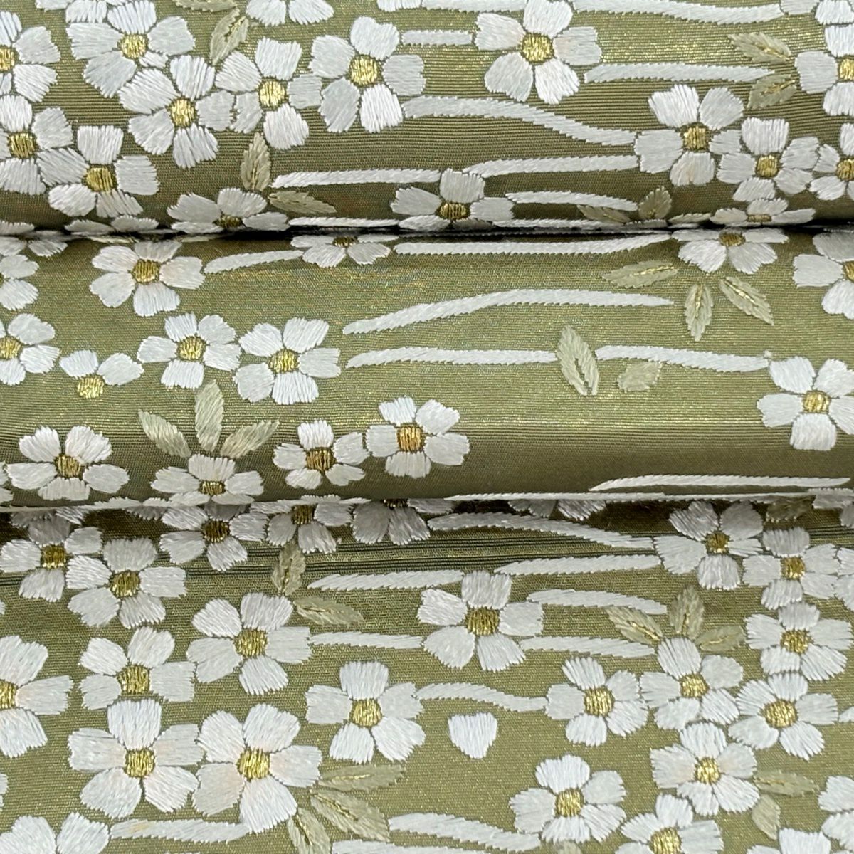 袋帶 逸品級 櫻花 流水 金絲 刺繡 鶯色 六通 純蠶絲