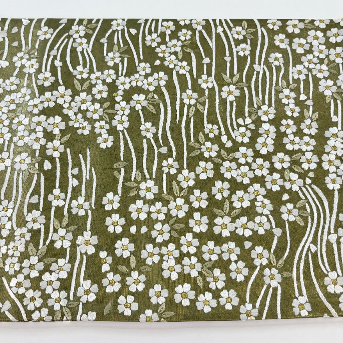 袋帶 逸品級 櫻花 流水 金絲 刺繡 鶯色 六通 純蠶絲