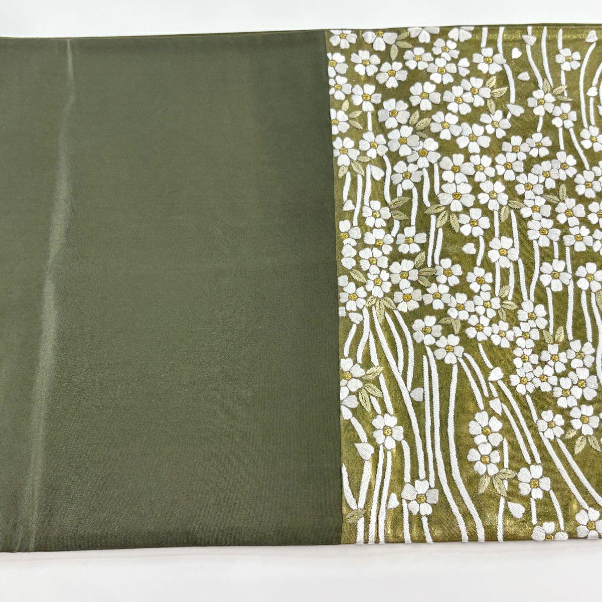 袋帶 逸品級 櫻花 流水 金絲 刺繡 鶯色 六通 純蠶絲
