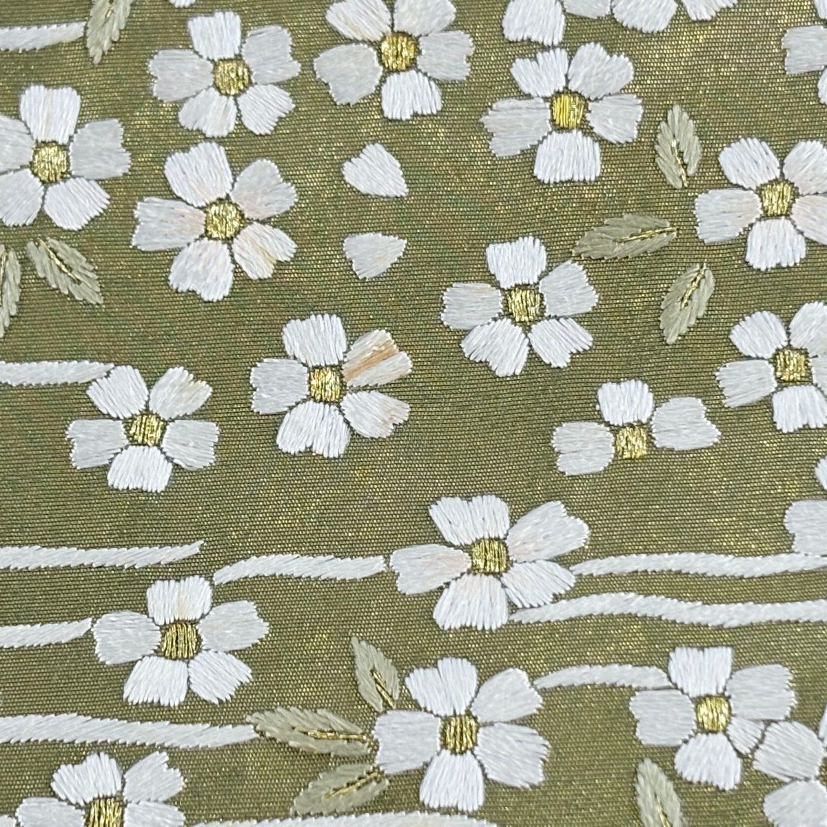 袋帶 逸品級 櫻花 流水 金絲 刺繡 鶯色 六通 純蠶絲