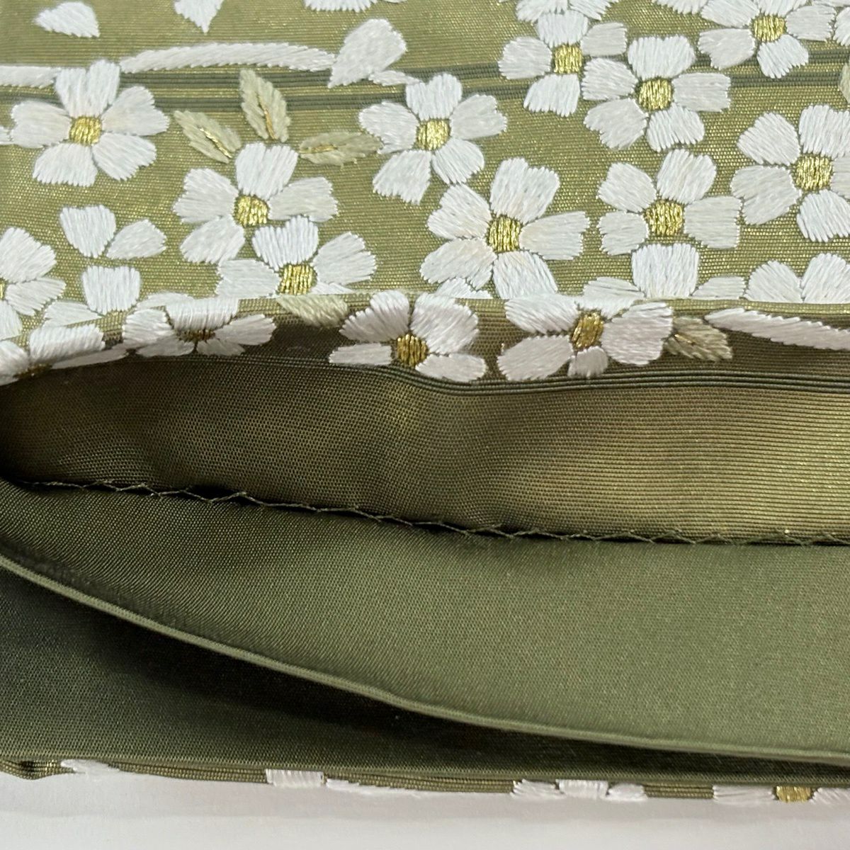 袋帶 逸品級 櫻花 流水 金絲 刺繡 鶯色 六通 純蠶絲