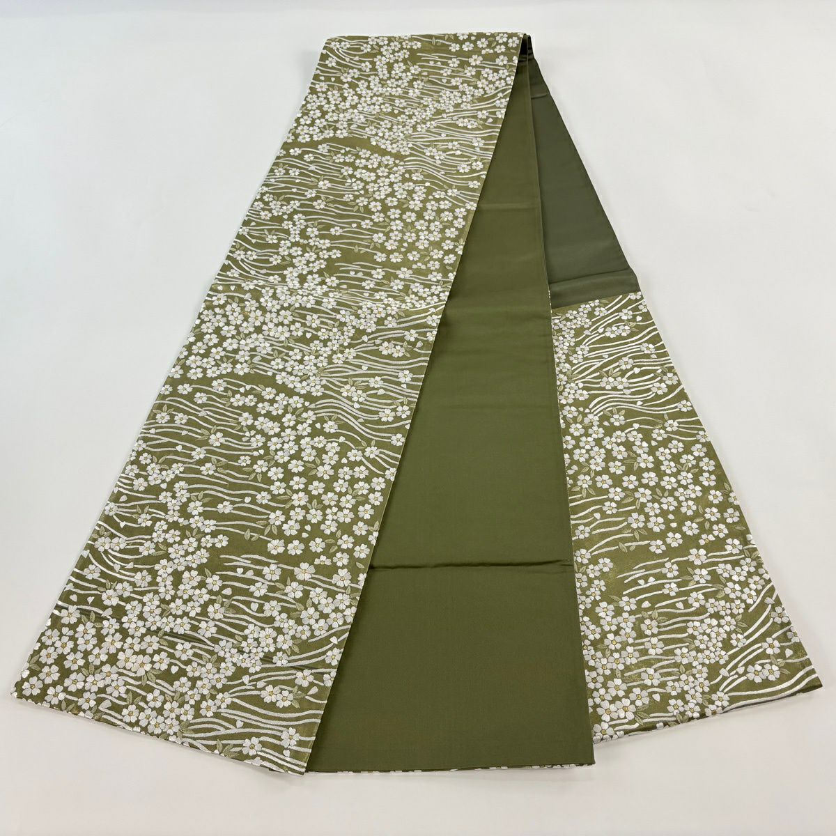 袋帶 逸品級 櫻花 流水 金絲 刺繡 鶯色 六通 純蠶絲
