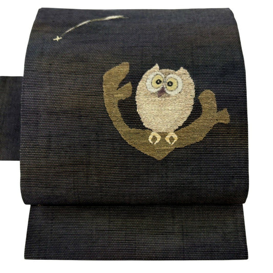 【美品】名古屋帶 逸品級 貓頭鷹 流星 金絲 黑灰 純蠶絲