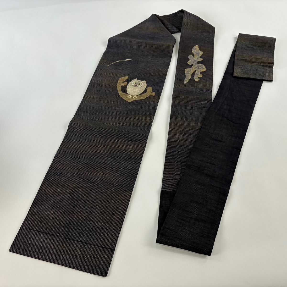 【美品】名古屋帶 逸品級 貓頭鷹 流星 金絲 黑灰 純蠶絲