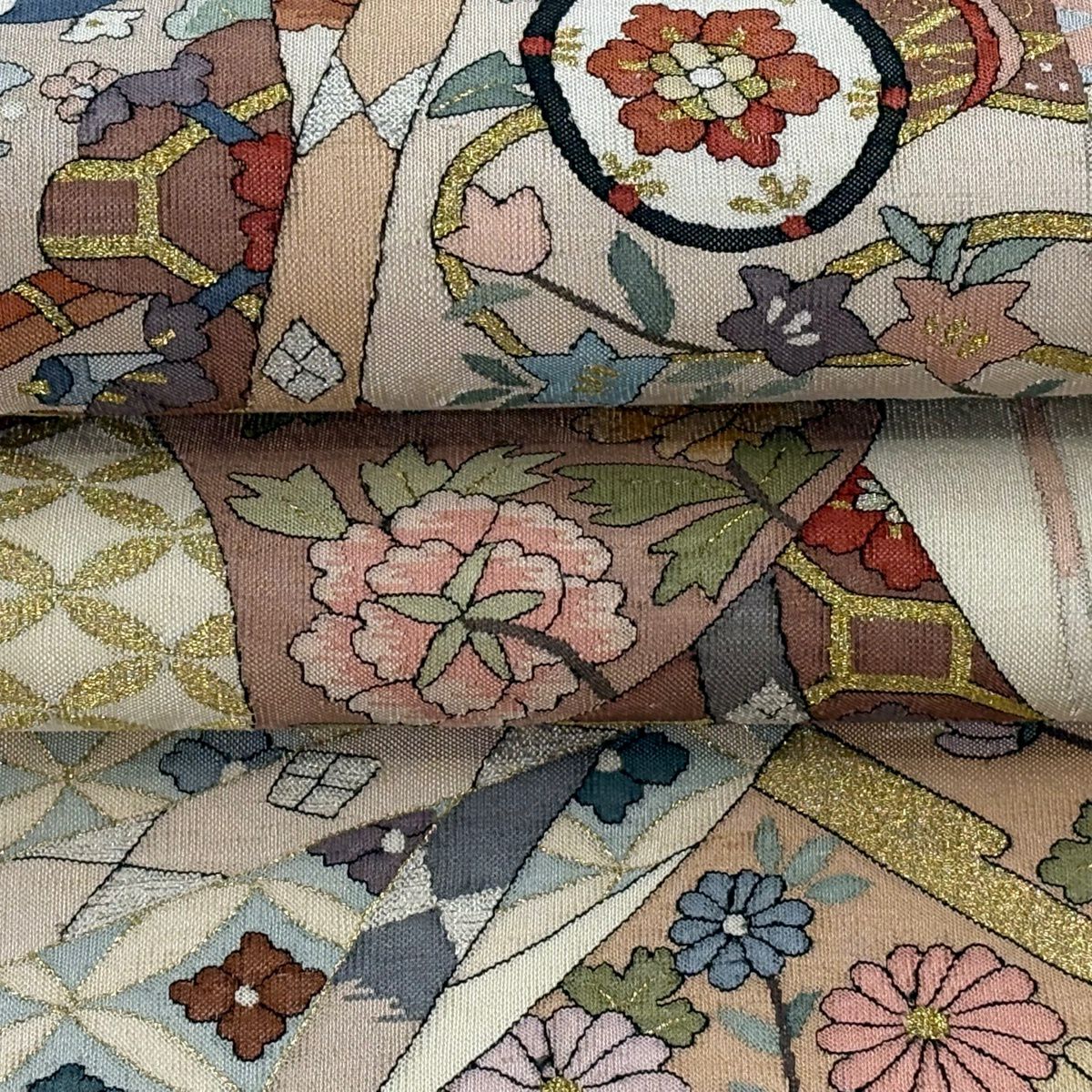 袋帶 逸品級 幾帳 和樂器 金銀絲 奶油色 大鼓圖案 純蠶絲