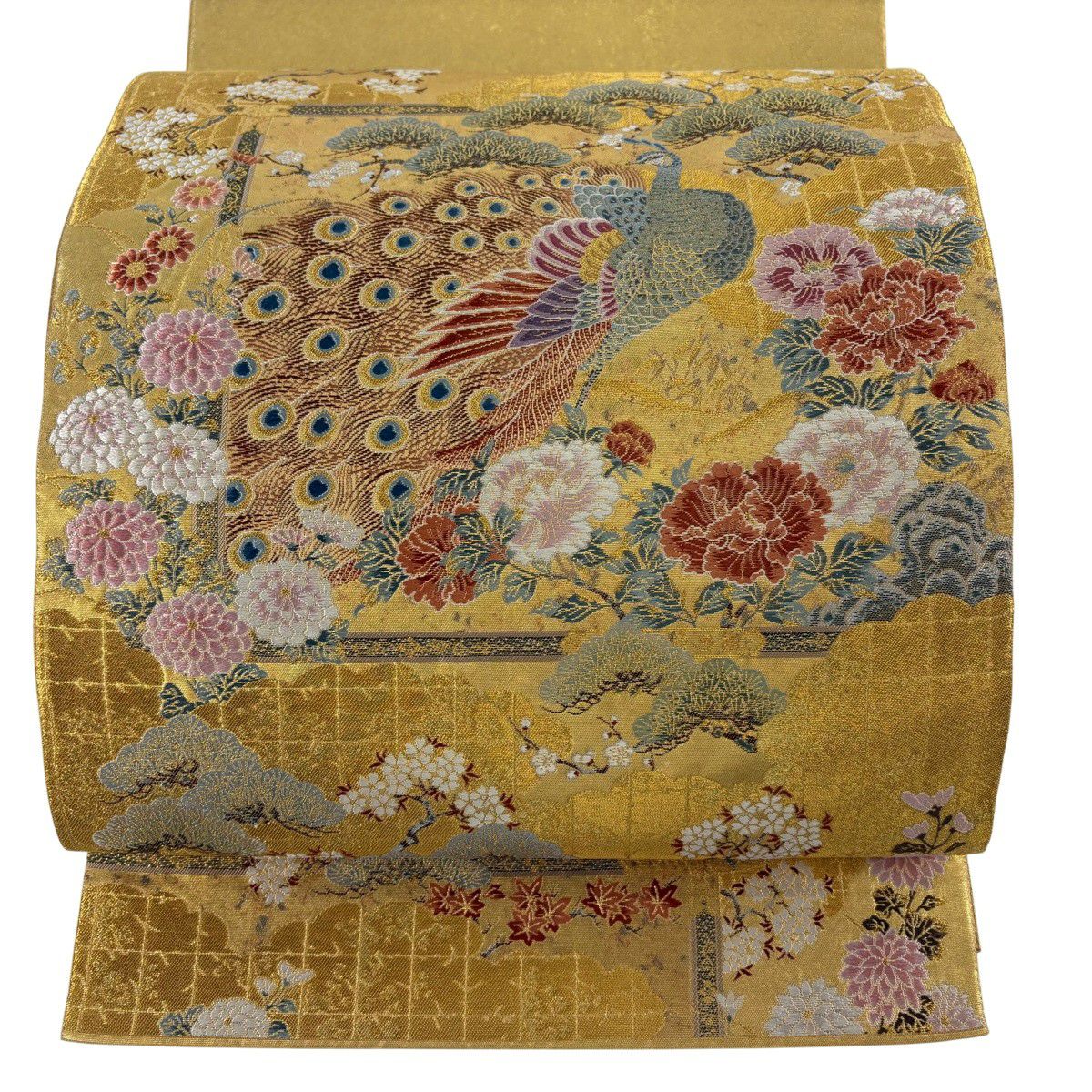 【美品】 袋帶 逸品級 長嶋成織物 落款あり 瀞金錦 關西裁縫 桃山孔雀絢爛紋 本金金箔 金絲 金色 大鼓柄 純蠶絲