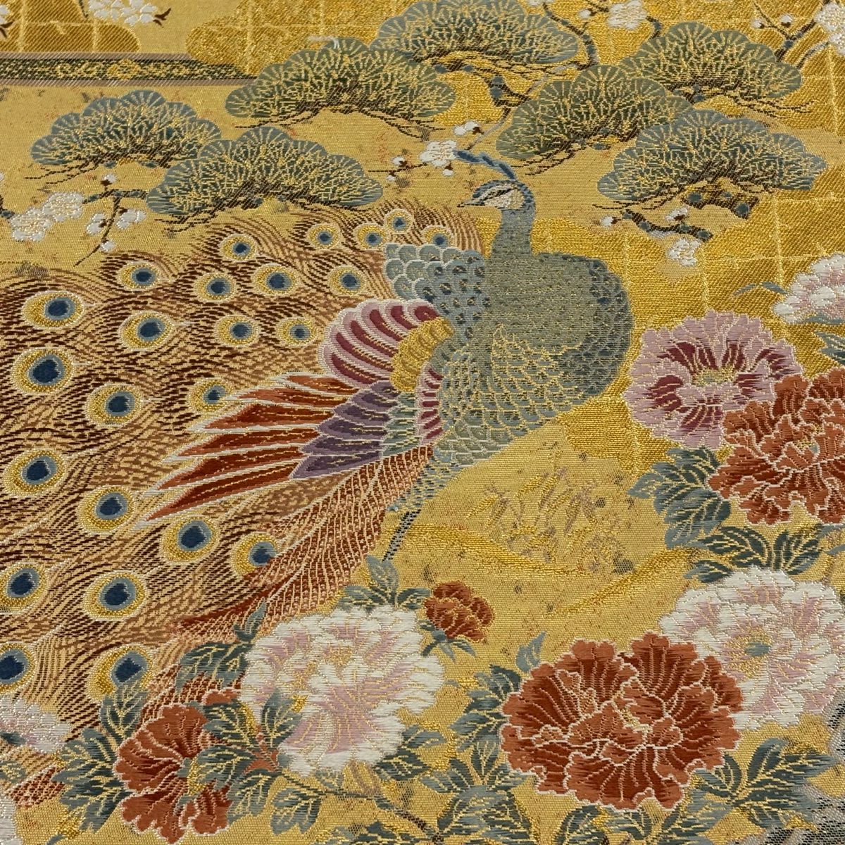 【美品】 袋帶 逸品級 長嶋成織物 落款あり 瀞金錦 關西裁縫 桃山孔雀絢爛紋 本金金箔 金絲 金色 大鼓柄 純蠶絲